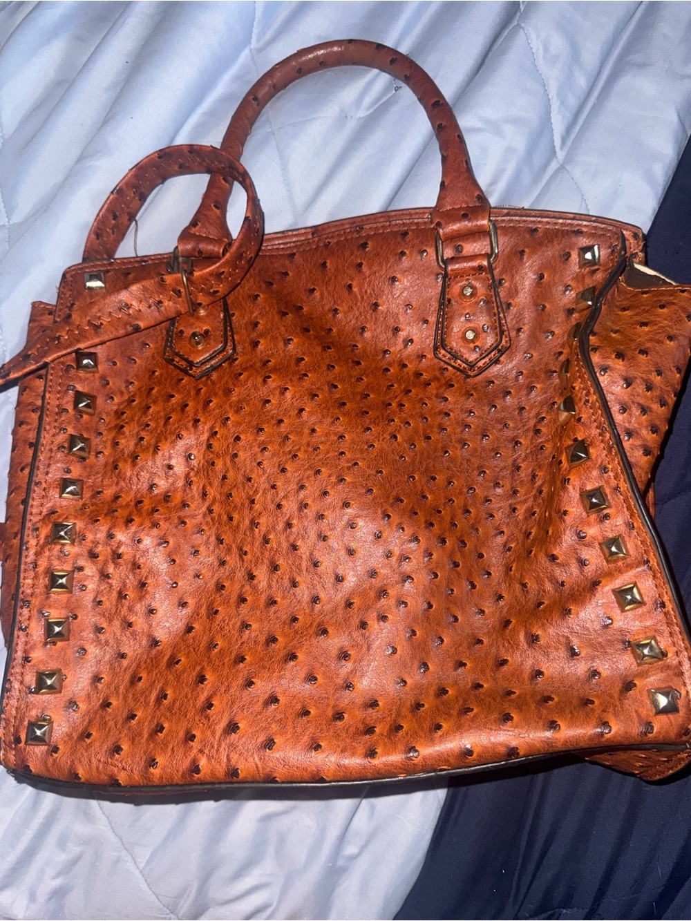 Stud-Trim Orange Ostrich-Texture Tote Bag